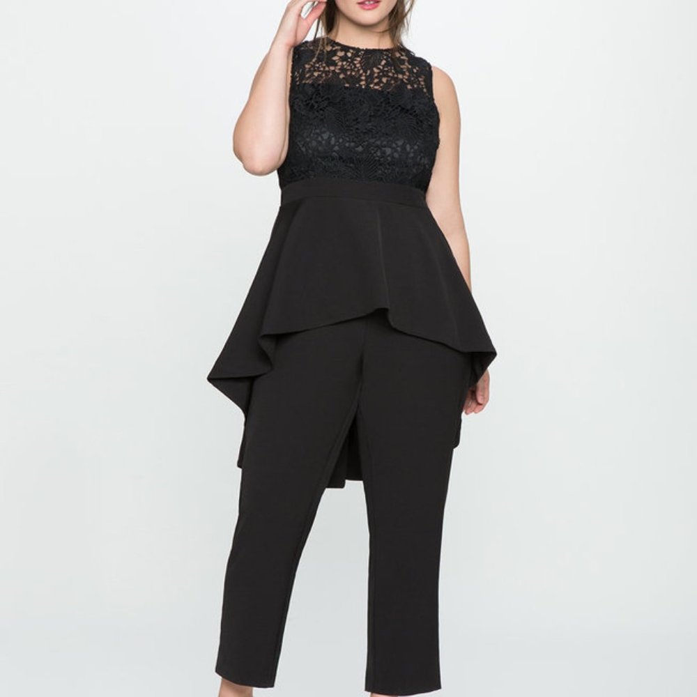NWT ELOQUII Studio High Low Peplum Lace Jumpsuit Sleeveless Black